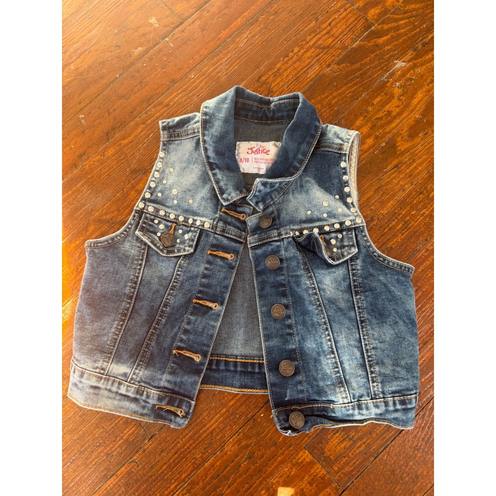 Justice Girls Blue Denim Vest Rhinestone Studded Button Front Size 8/10